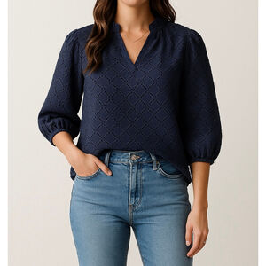 Draper James Navy Eyelet Puff Sleeve Blouse Top Women’s Medium